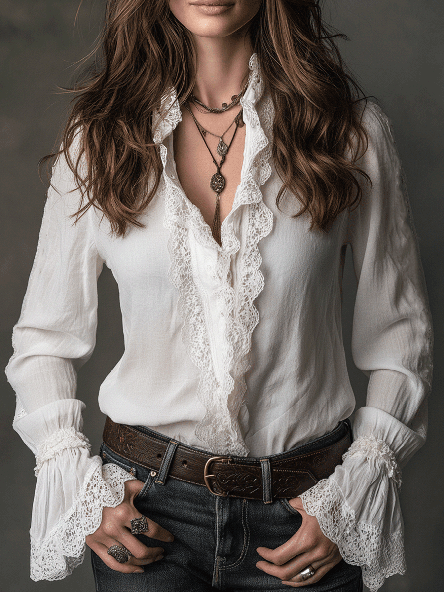 Daily White Stand-Up Collar Flare Long Sleeve Ruffle Casual Contrast Lace Blouses
