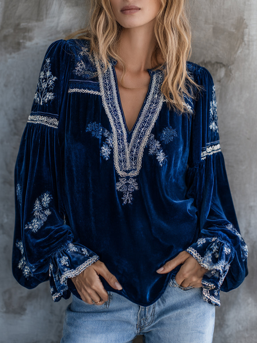 sheenchic Navy Blue Velvet V Neck Lantern Sleeve Floral Blouse