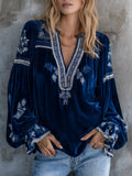 sheenchic Navy Blue Velvet V Neck Lantern Sleeve Floral Blouse