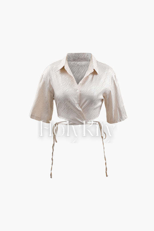 Jacquard Satin Tie Hem Crop Blouse