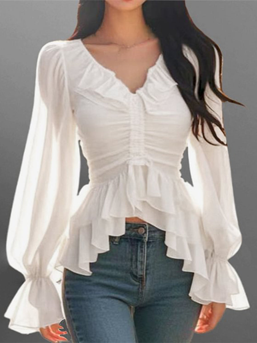 Elegant Ruffle V Neck Lantern Sleeve Layered Blouse