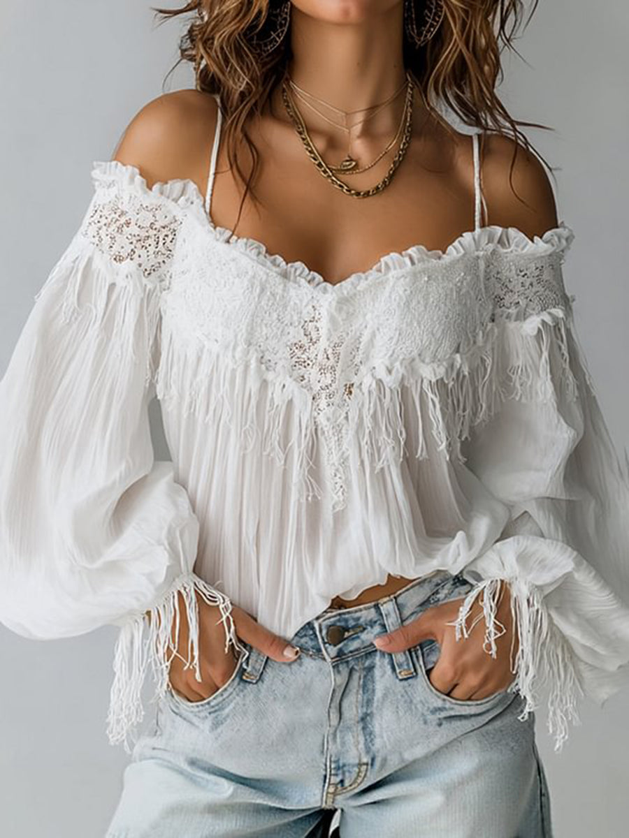 sheenchic Boho Lace Cold Shoulder Ruffled Lantern Sleeve Fringes Blouse