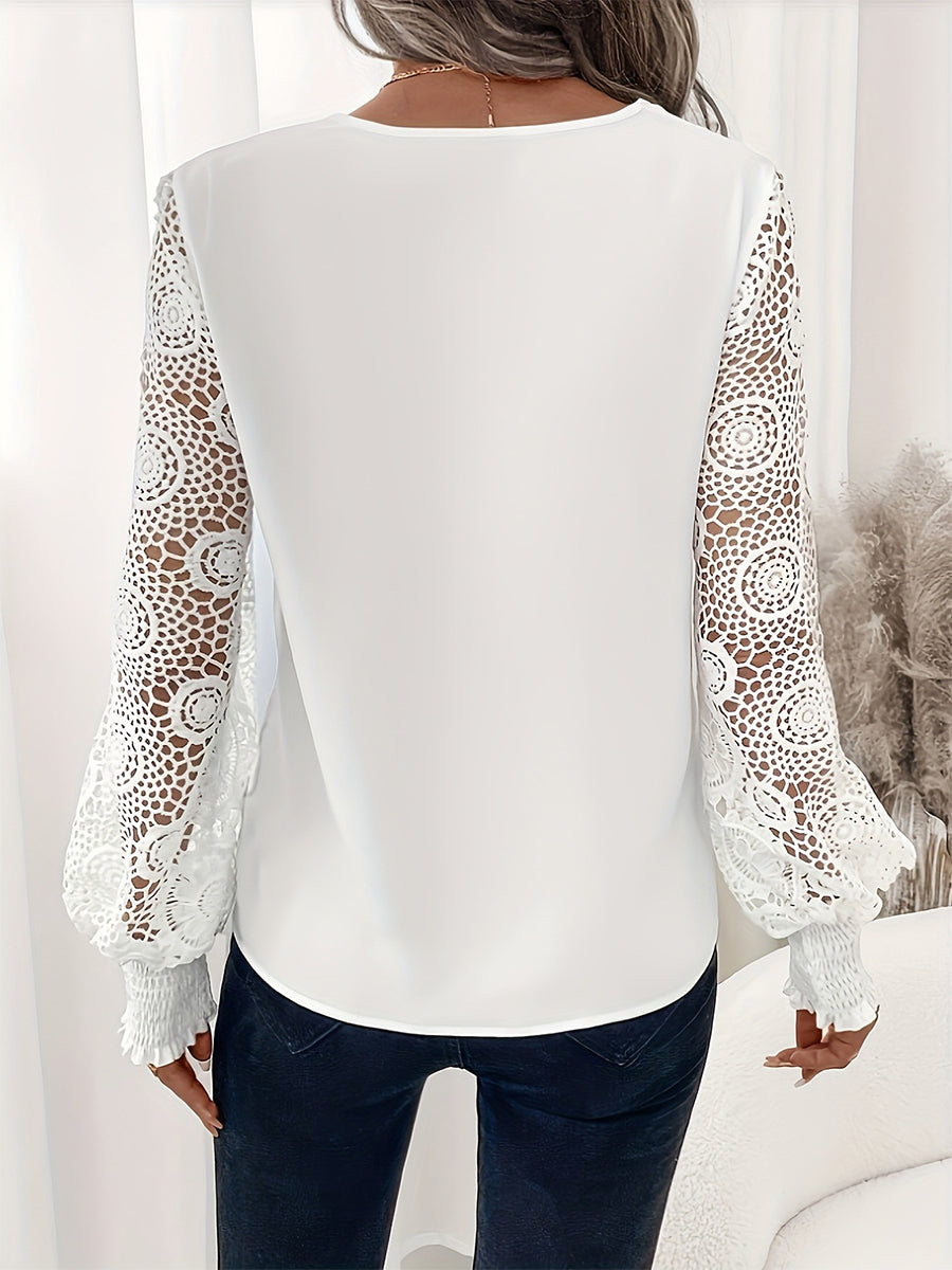 Daily Black V Neck Lantern Sleeve Long Sleeve Cut Out Elegant Contrast Lace Blouses