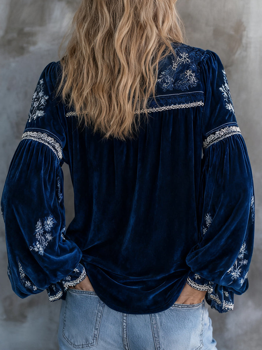 sheenchic Navy Blue Velvet V Neck Lantern Sleeve Floral Blouse