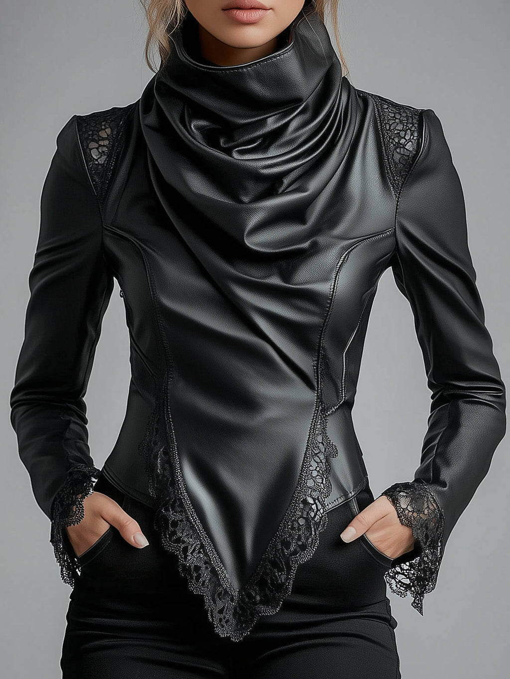 sheenchic High Neck Lace Trim Long Sleeve PU Leather Blouse