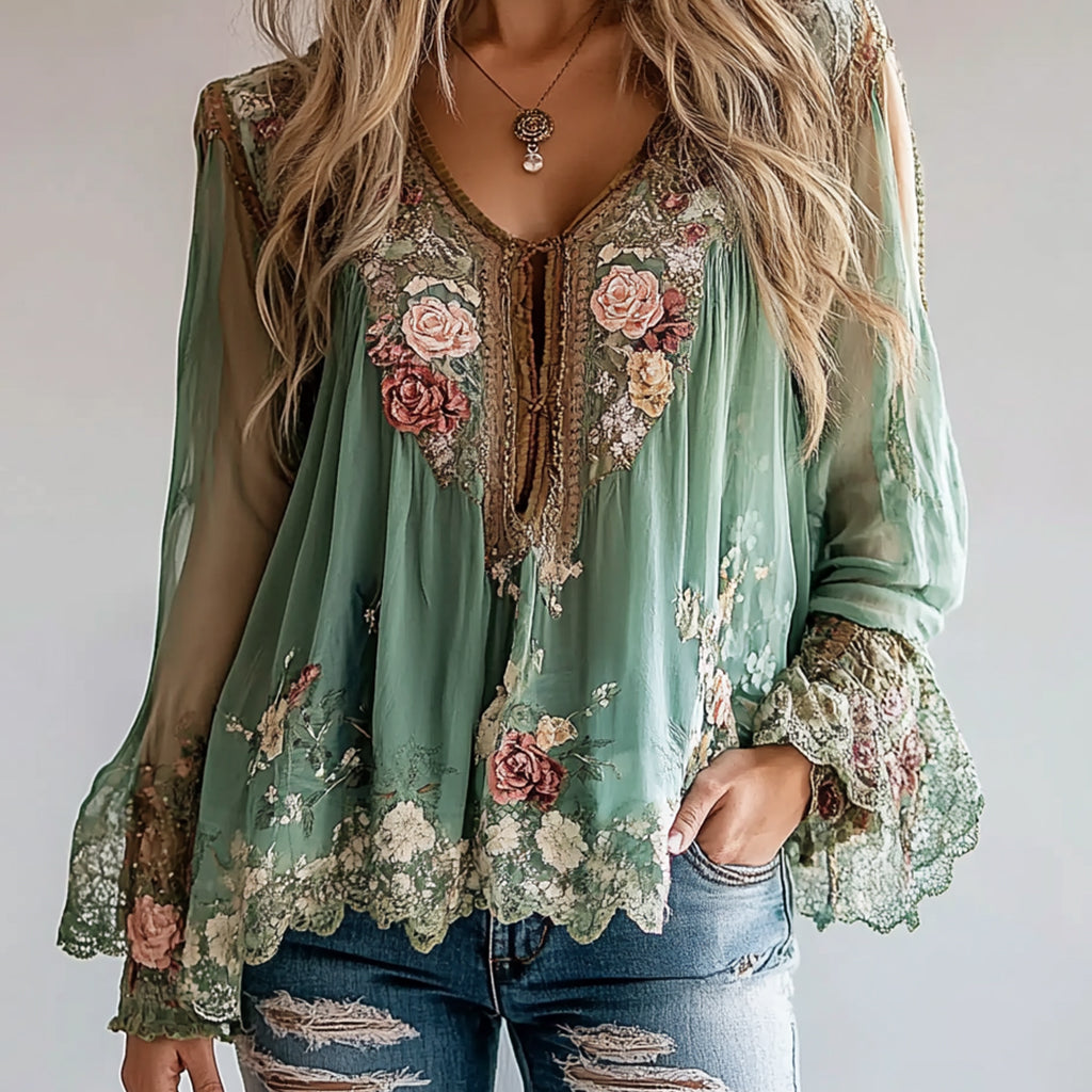 sheenchic V Neck Long Sleeve Floral Pattern Asymmetrical Hem Blouse