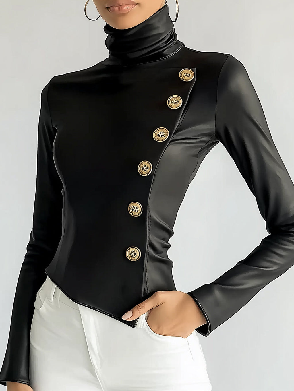 sheenchic PU Leather High Neck Slant Buttons Long Sleeve Blouse