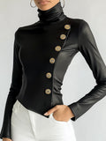 sheenchic PU Leather High Neck Slant Buttons Long Sleeve Blouse