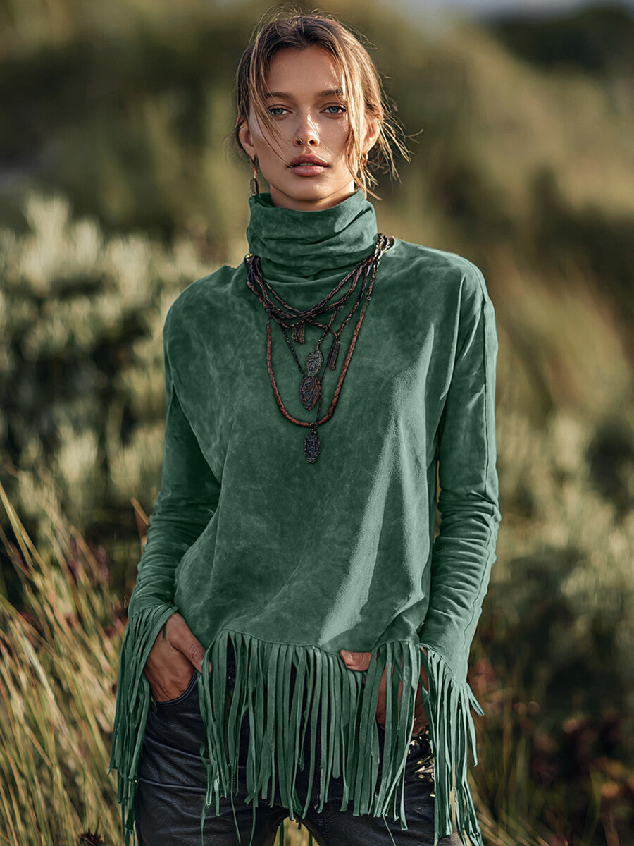 sheenchic Boho Green Suede High Neck Long Sleeve Fringe Hem Top