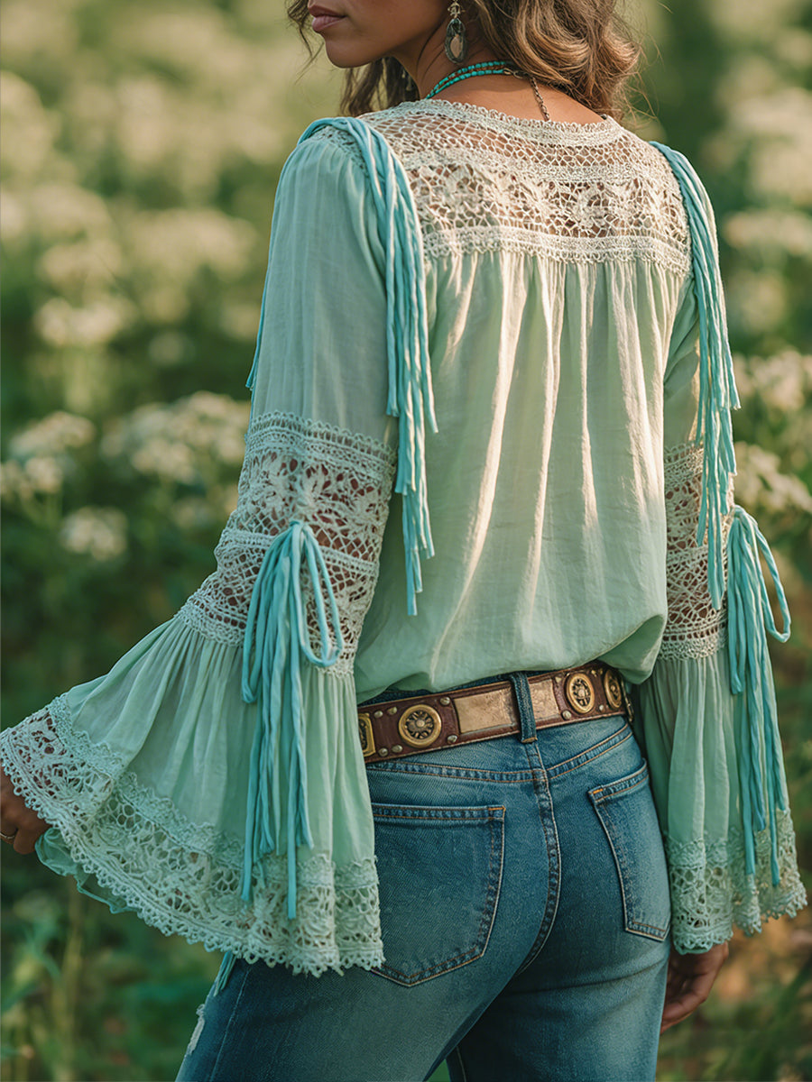 sheenchic Daily Green V Neck Long Sleeve Strappy Boho Contrast Lace Blouses [Pre-Order]