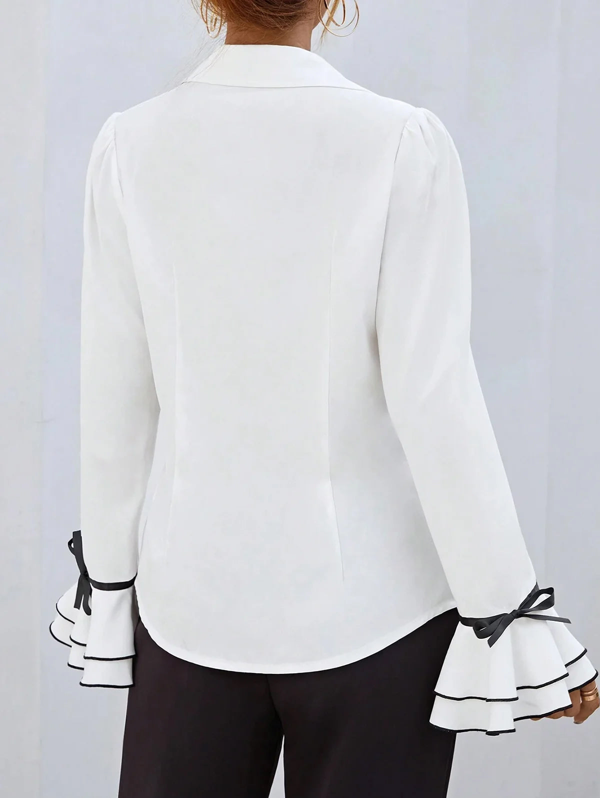 Turndown Collar Contrast Binding Ruffle Flare Sleeve Blouse