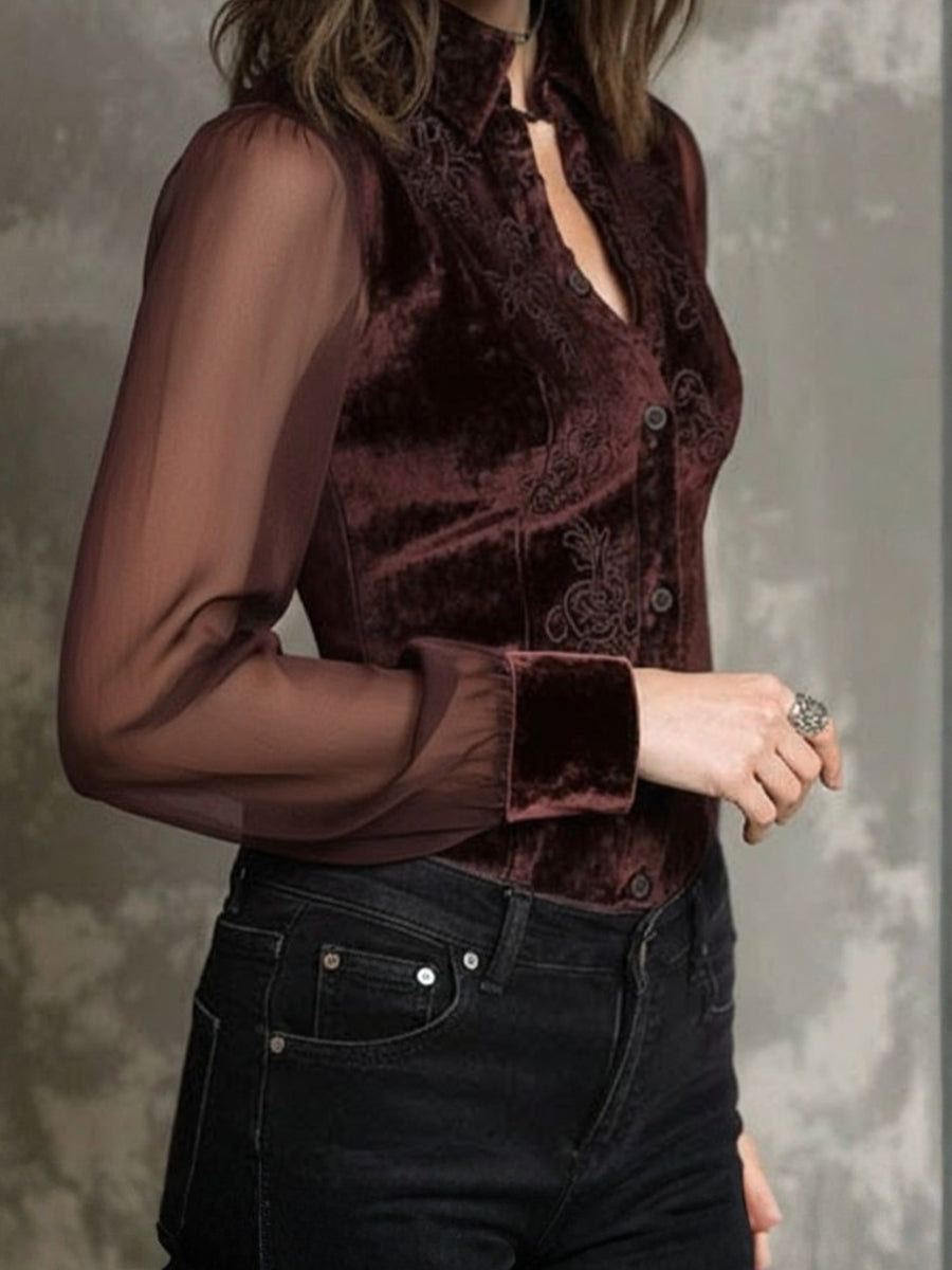 Business Casual Lace Brown Shirt Collar Long Sleeve See Through Vintage Contrast Velvet Blouses