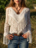 sheenchic Vacation White V Neck Long Sleeve Strappy Boho Cut Out Lace Blouses [Pre-Order]