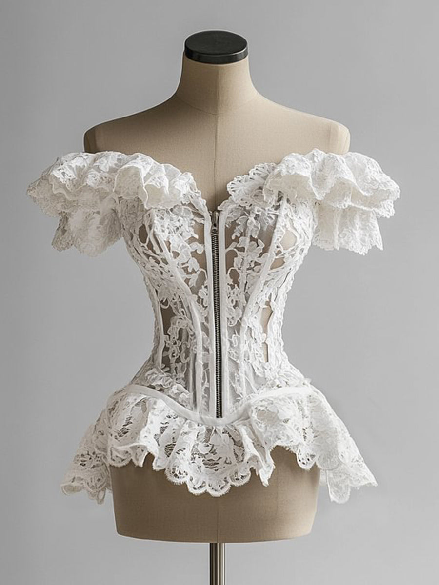 sheenchic Lace Ruffle Off Shoulder Zip Up Blouse