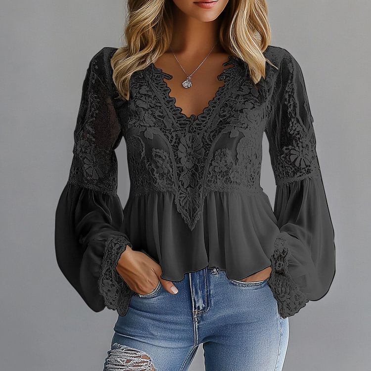 sheenchic Lace Floral Hollow Out V Neck Lantern Sleeve Blouse
