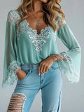 sheenchic Casual Floral Lace V Neck Flare Sleeve Blouse