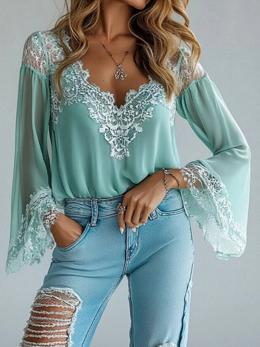 sheenchic Casual Floral Lace V Neck Flare Sleeve Blouse