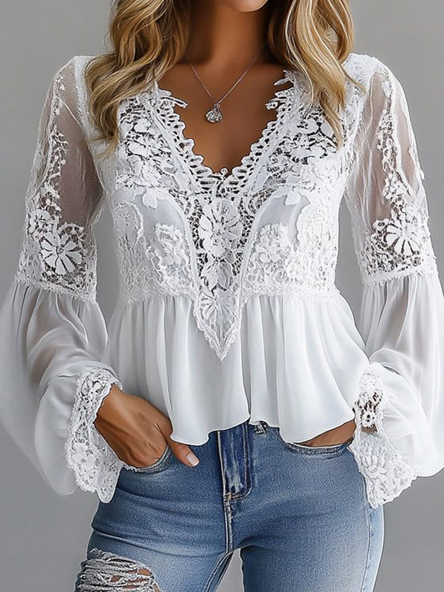 sheenchic Lace Floral Hollow Out V Neck Lantern Sleeve Blouse