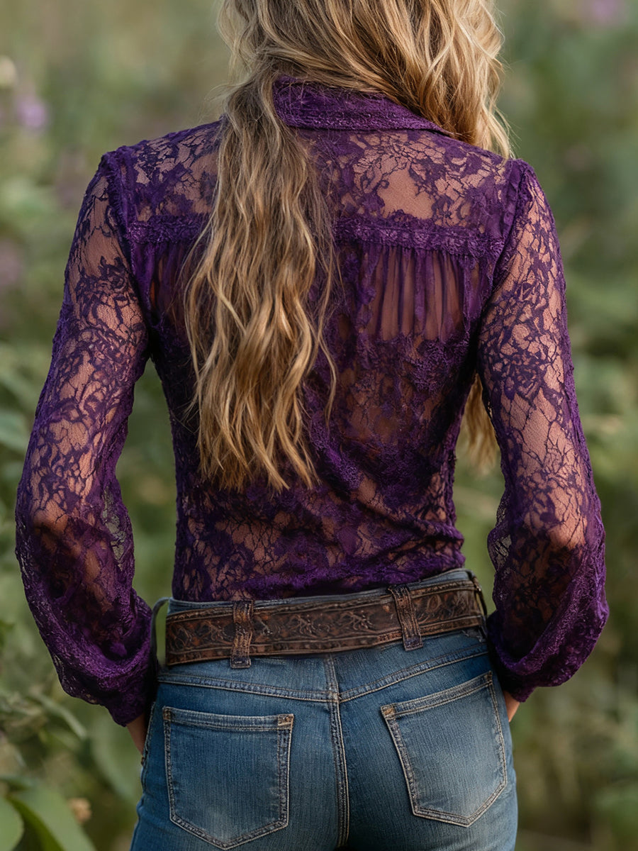 sheenchic Boho Grape See-Through Lace Long Sleeve Button Blouse