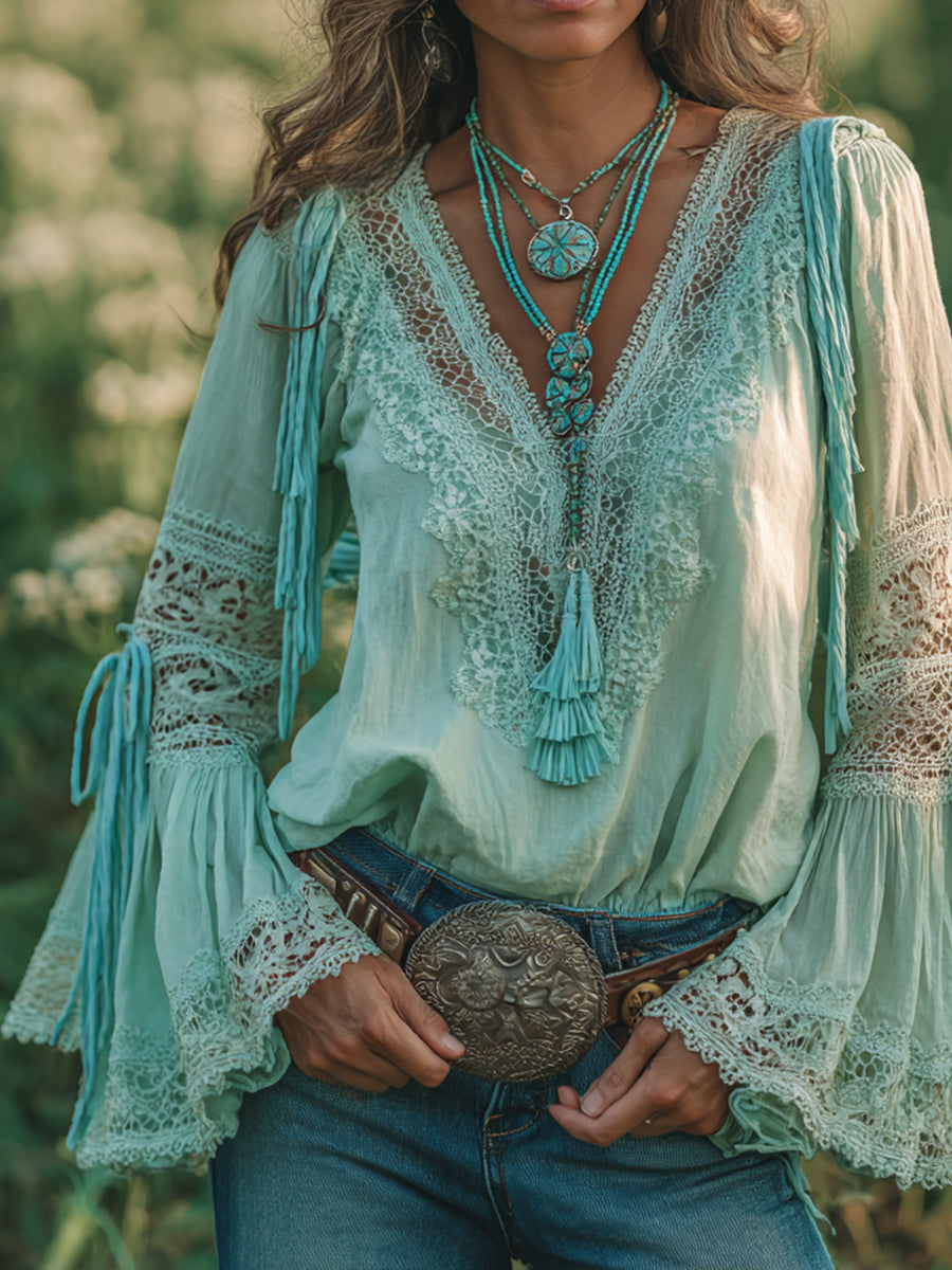 sheenchic Daily Green V Neck Long Sleeve Strappy Boho Contrast Lace Blouses [Pre-Order]