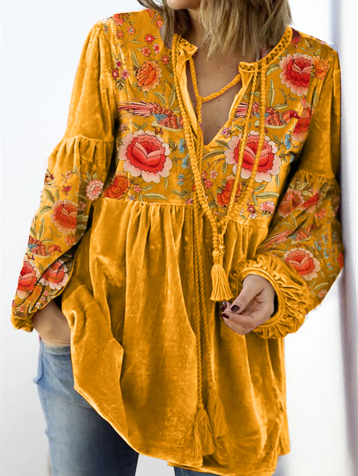 sheenchic V Neck Tie Front Gathered Floral Top