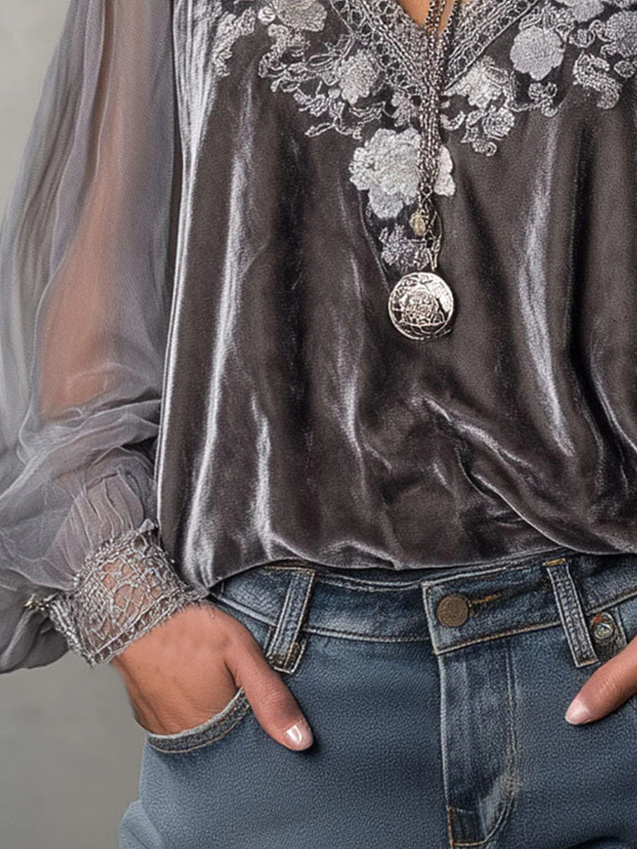 sheenchic Daily Chiffon Grey V Neck Long Sleeve Appliques Elegant See Through Velvet Blouses