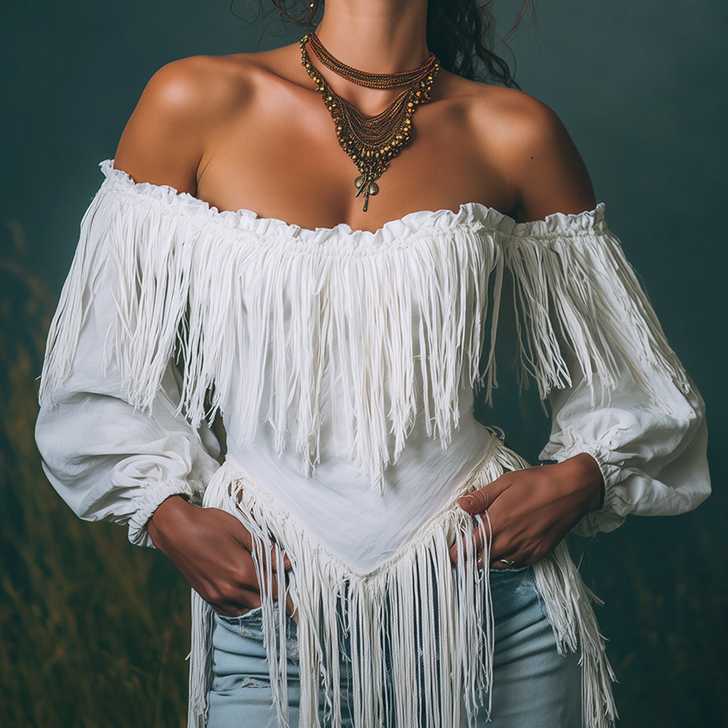 sheenchic Ruffle Off Shoulder Irregular Fringe Lantern Sleeve Blouse