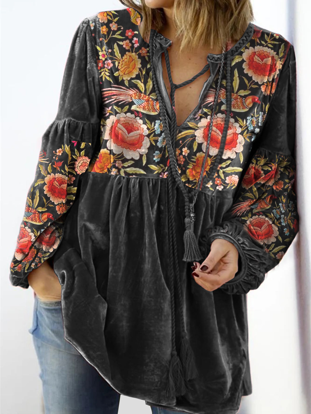 sheenchic V Neck Tie Front Gathered Floral Top