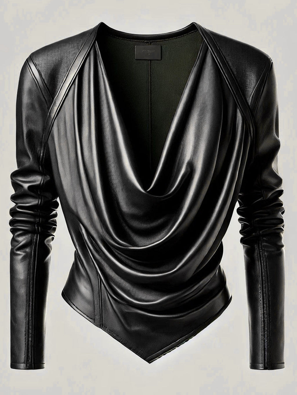 sheenchic Cowl V Neck PU Leather Long Sleeve Blouse