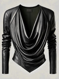 sheenchic Cowl V Neck PU Leather Long Sleeve Blouse