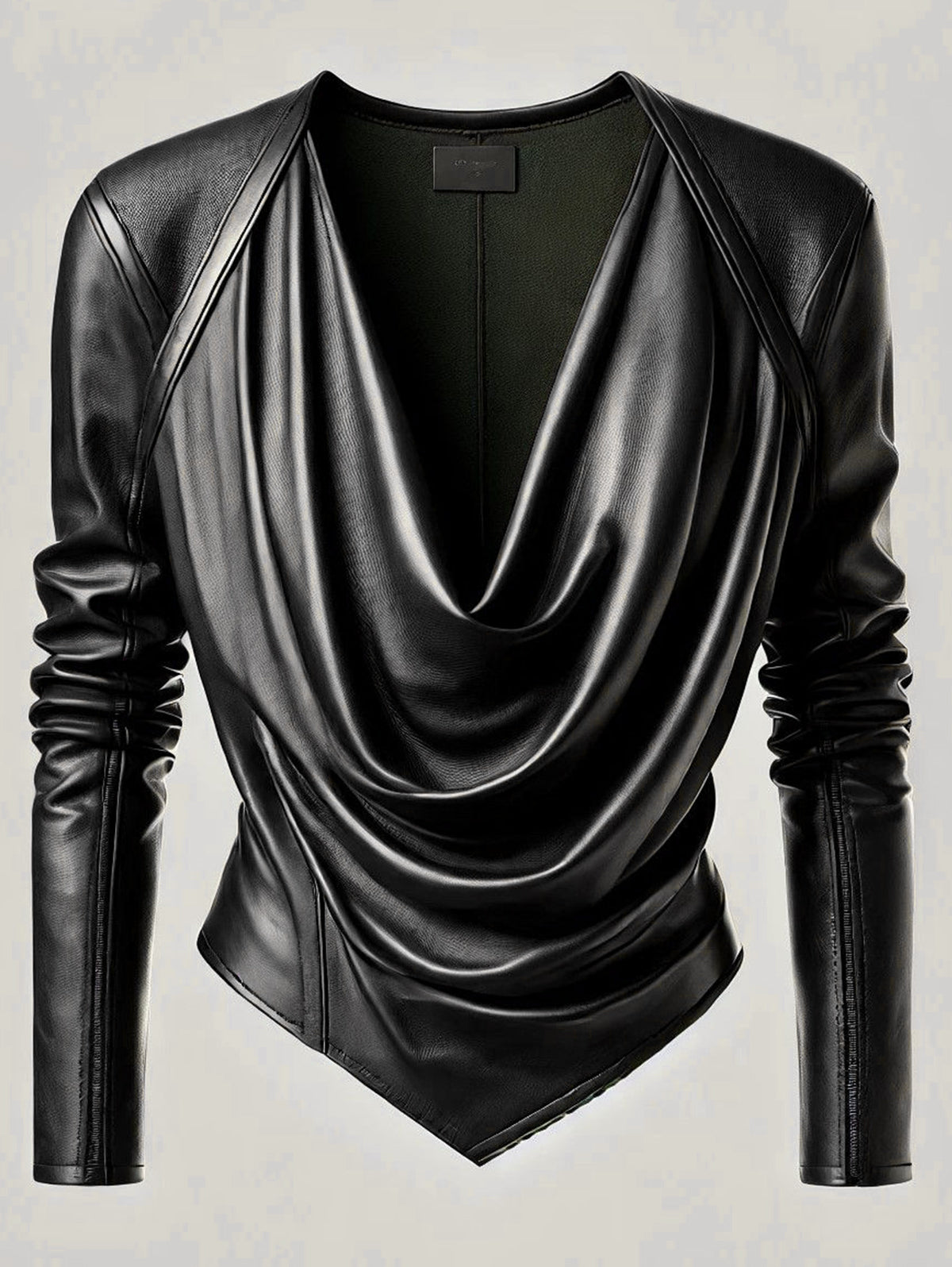 sheenchic Cowl V Neck PU Leather Long Sleeve Blouse