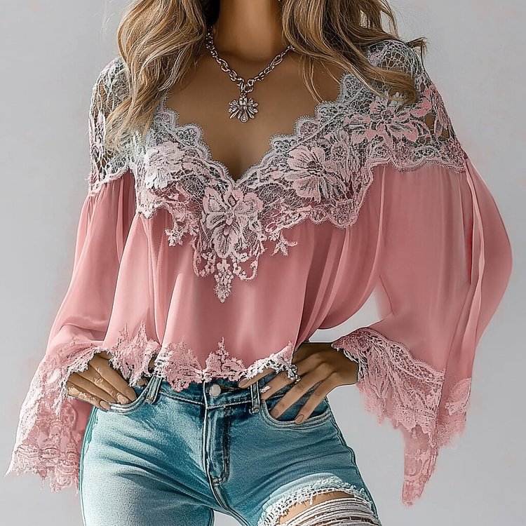 sheenchic Casual Floral Lace V Neck Long Sleeve Blouse