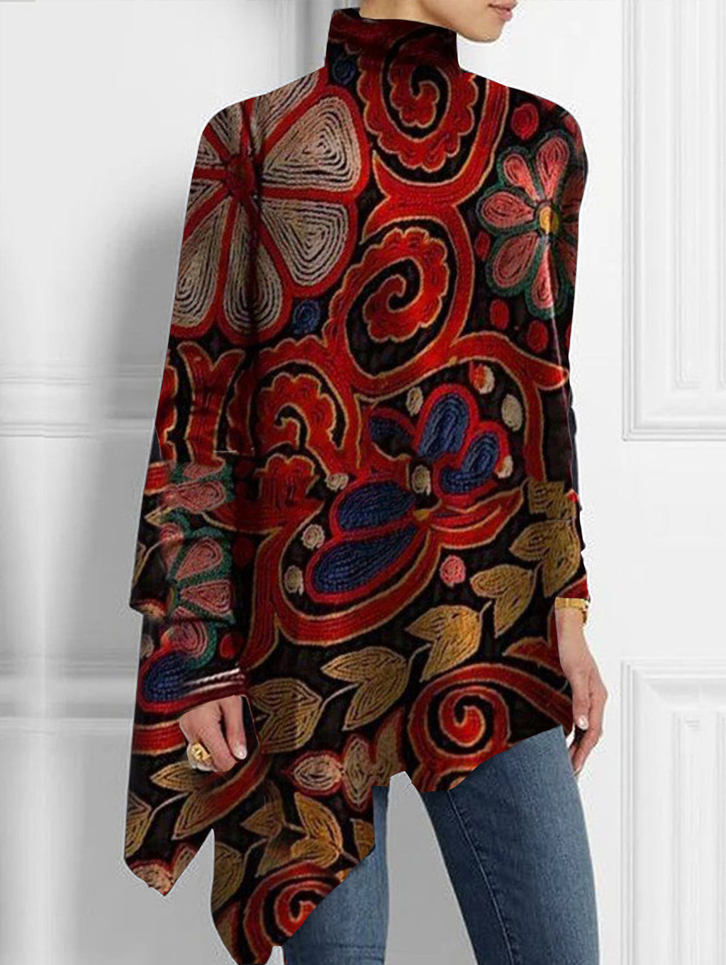 sheenchic Turtleneck Allover Floral Print Asymmetrical Hem Top