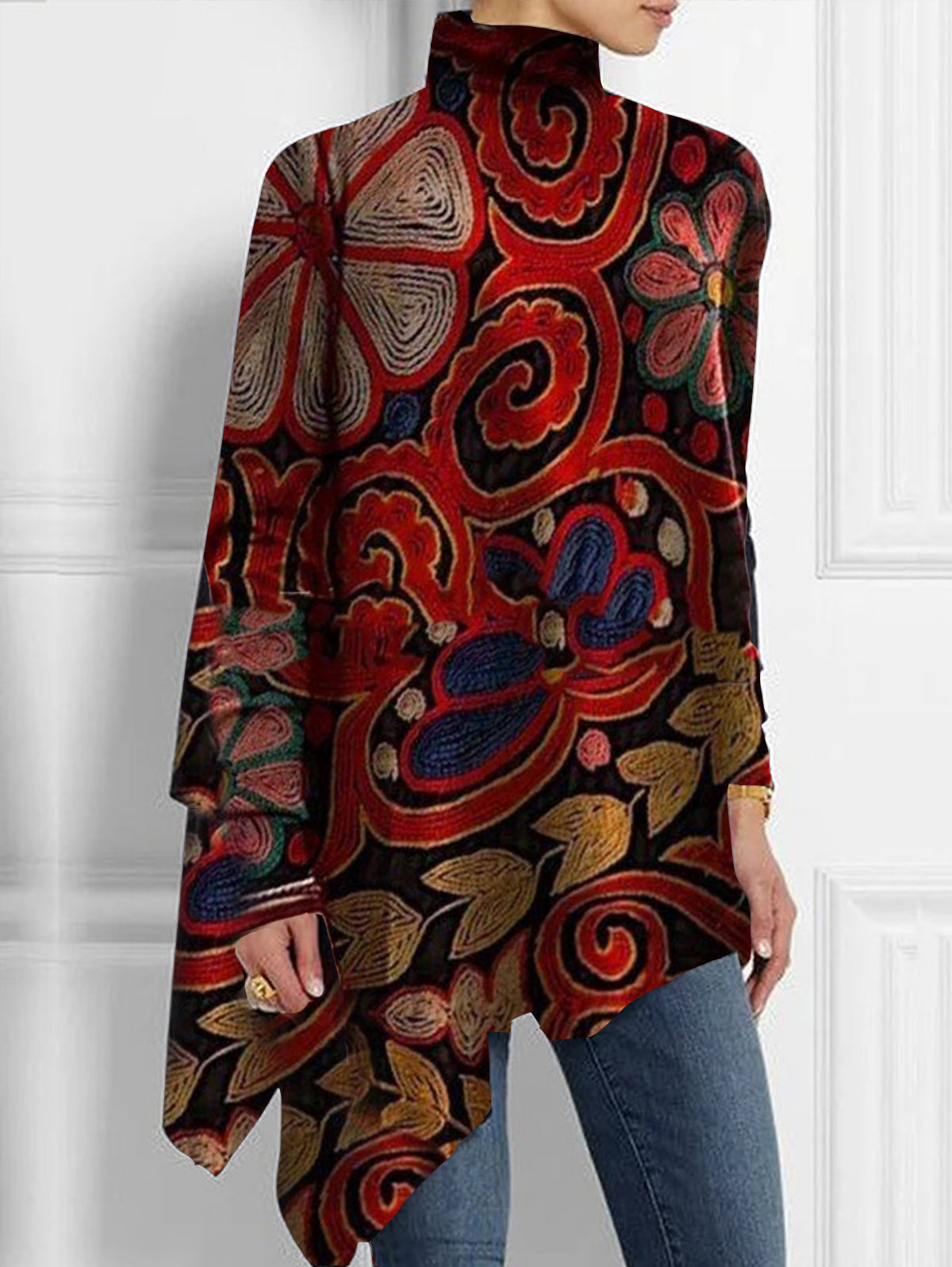 sheenchic Turtleneck Allover Floral Print Asymmetrical Hem Top