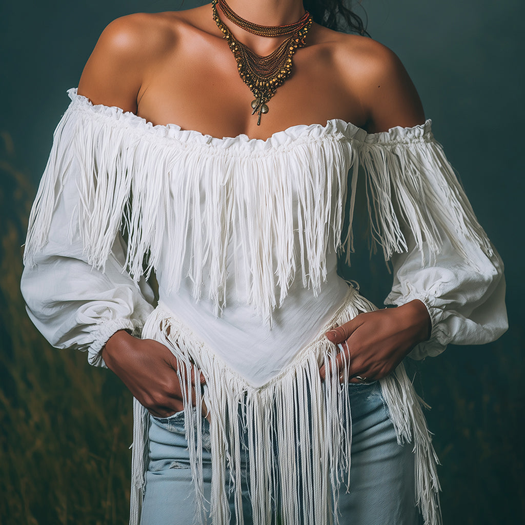 sheenchic Ruffle Off Shoulder Irregular Fringe Lantern Sleeve Blouse
