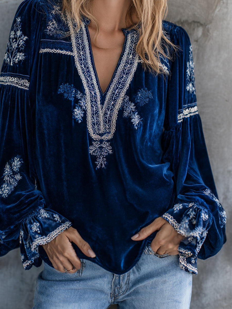 sheenchic Navy Blue Velvet V Neck Lantern Sleeve Floral Blouse