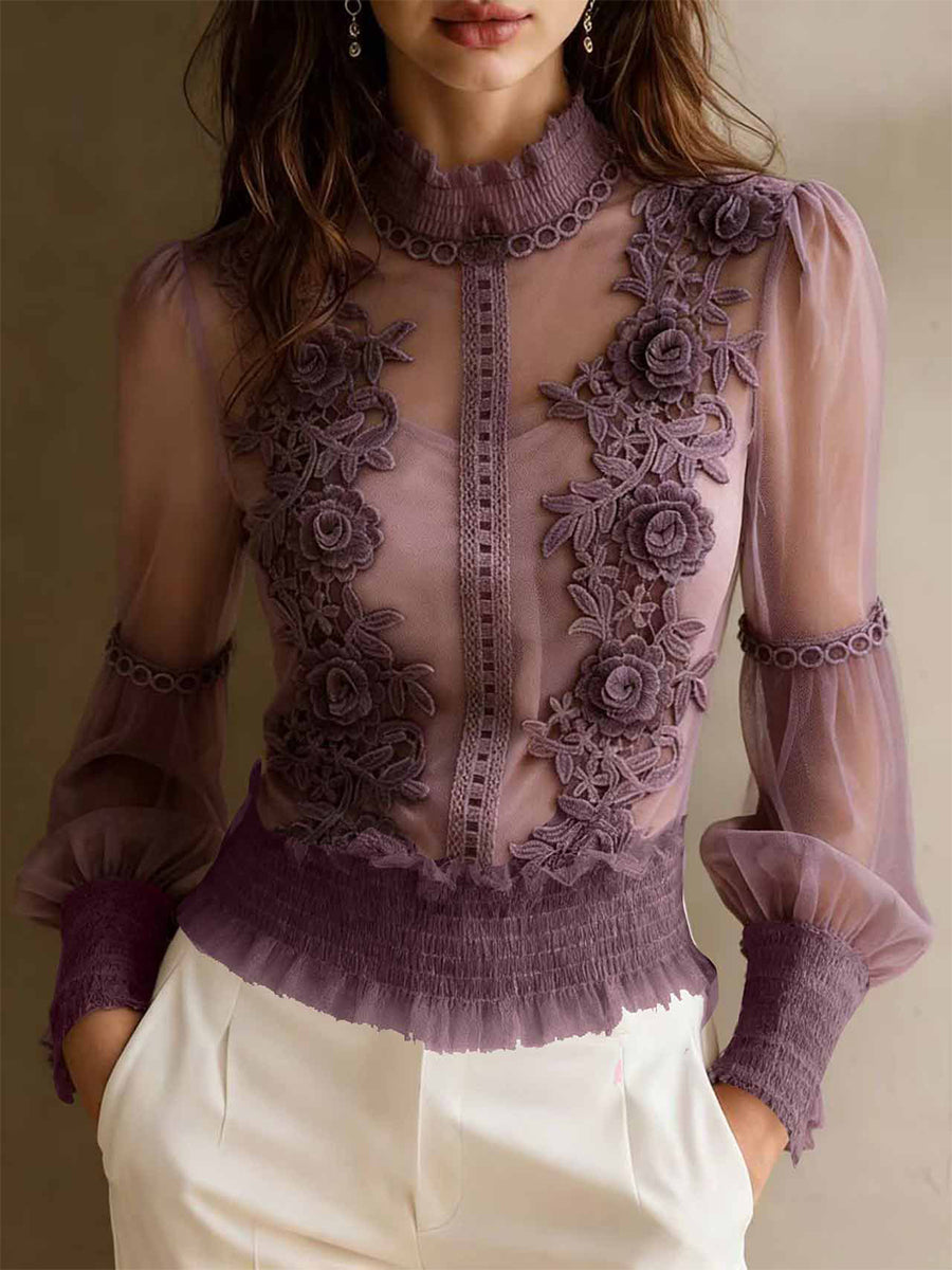 Semi Formal Tulle Pink Stand-Up Collar Long Sleeve 3D Elegant See Through Lace Blouses