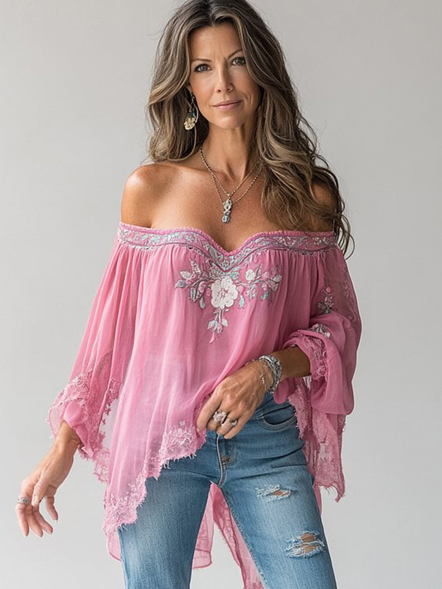 sheenchic Floral Pattern Off Shoulder Long Sleeve Lace Asymmetrical Blouse