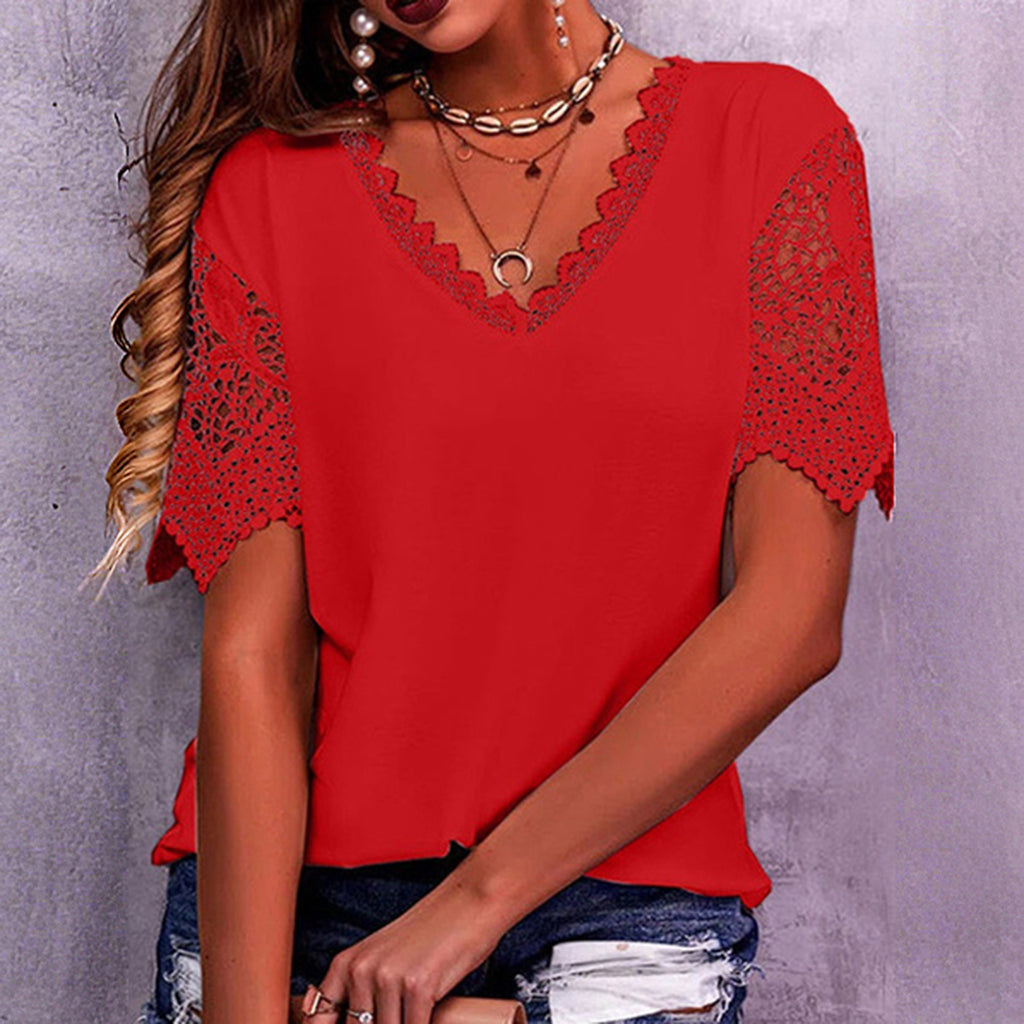 Casual V Neck Asymmetrical Guipure Lace Short Sleeve Blouse
