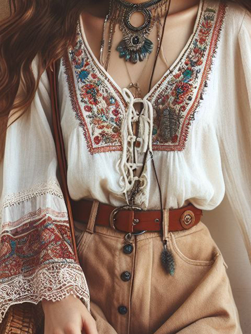 Boho Embroidered Lace Up V Neck Flare Sleeve Blouse