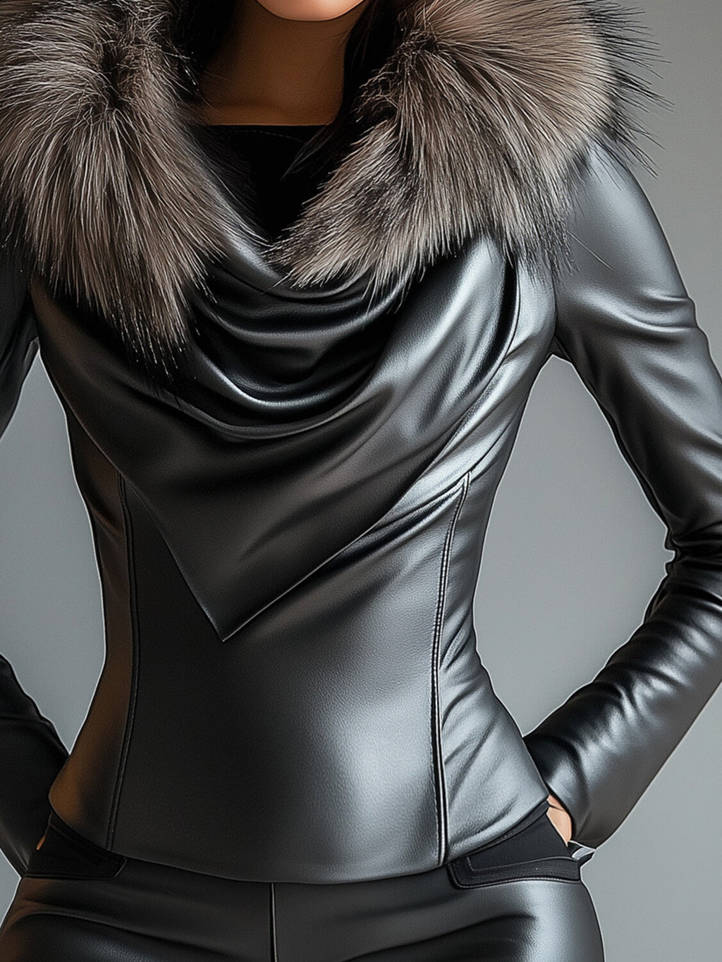 sheenchic Plush Trim Cowl Neck Long Sleeve PU Leather Blouse