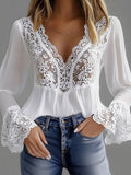 sheenchic Floral Lace Hollow Out V Neck Flare Sleeve Blouse