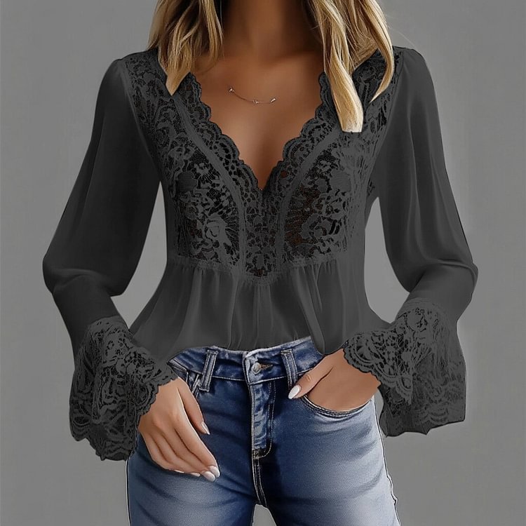 sheenchic Floral Lace Hollow Out V Neck Flare Sleeve Blouse