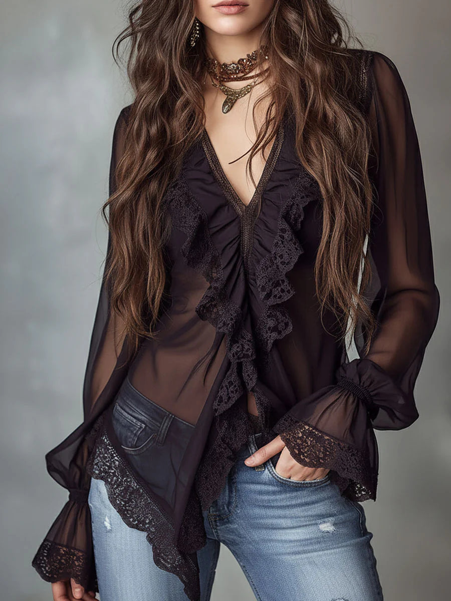 sheenchic Daily Lace Black V Neck Long Sleeve Ruffle Elegant See Through Chiffon Blouses [Pre-Order]