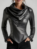 sheenchic Cowl Neck Lace Trim Long Sleeve PU Leather Blouse