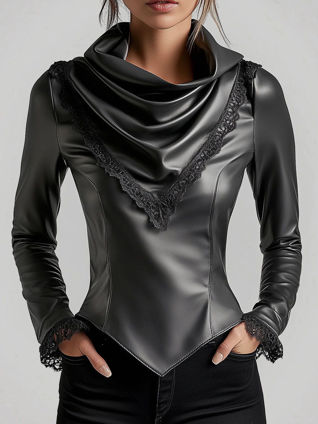 sheenchic Cowl Neck Lace Trim Long Sleeve PU Leather Blouse
