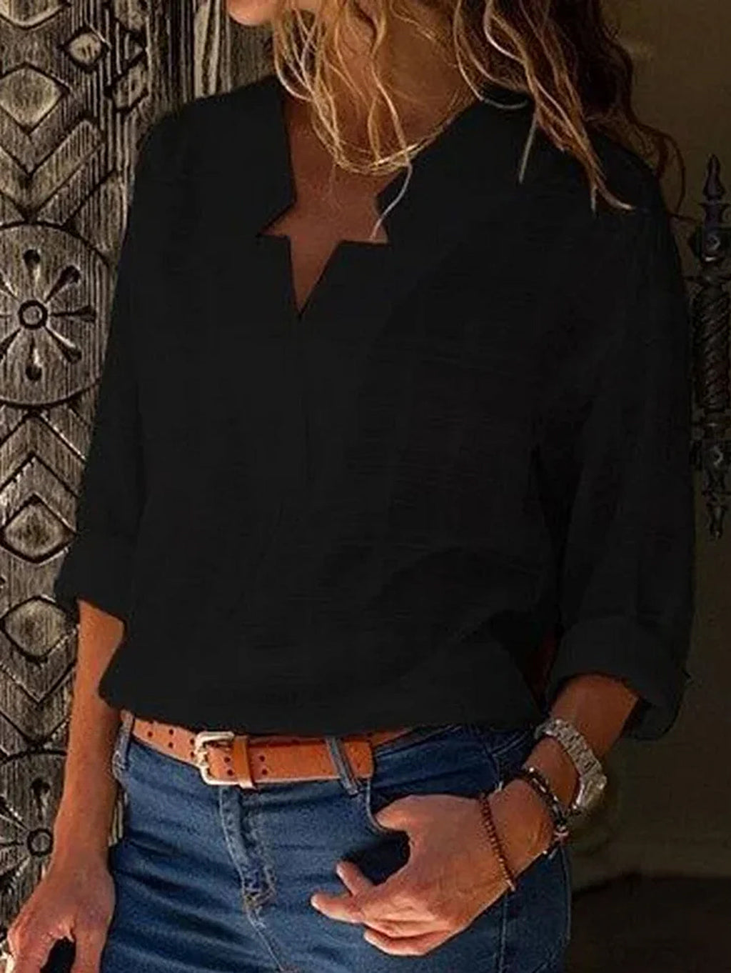 V Neck Long Sleeve Solid Color Shirts