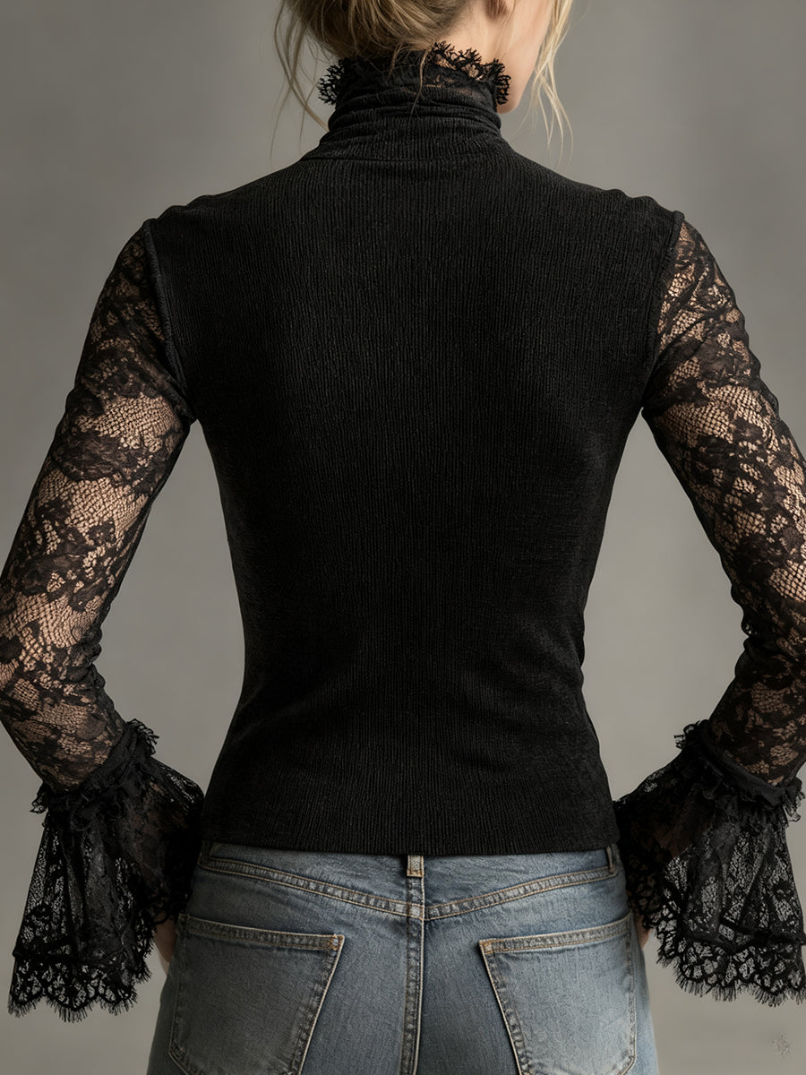 sheenchic Black Sheer Lace Flare Sleeve High Neck Top