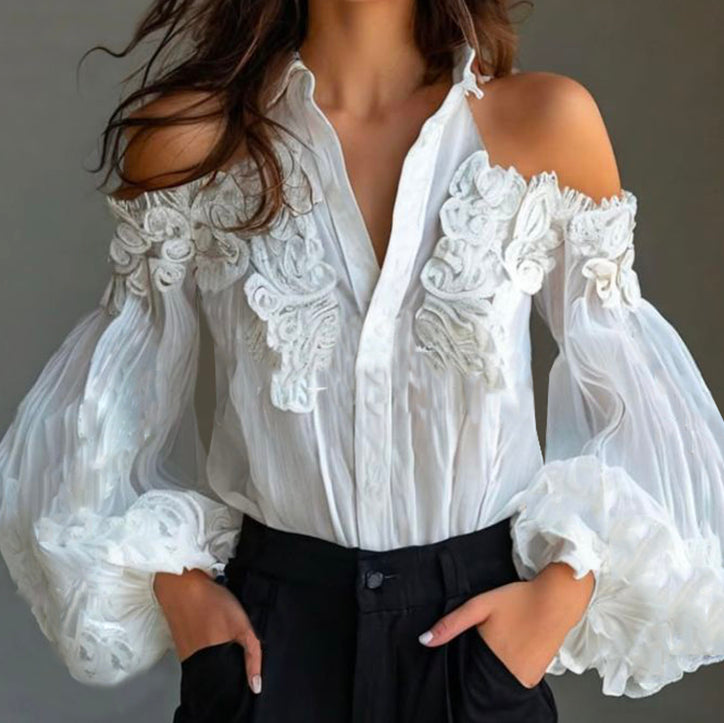 sheenchic Shirt Collar Cold Shoulder Puff Sleeve Button Blouse