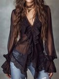 sheenchic Daily Lace Black V Neck Long Sleeve Ruffle Elegant See Through Chiffon Blouses [Pre-Order]